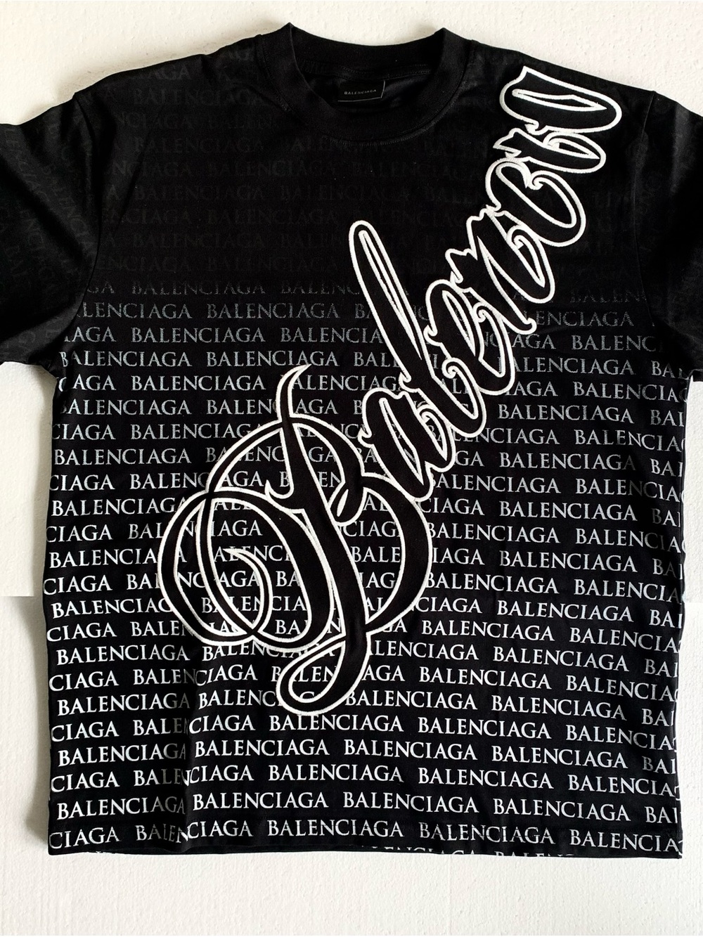 Balenciaga Black Tee with White Script and Repeat Logo